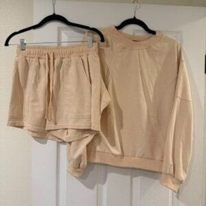 Matching 2PC Cream Beige Lounge Crewneck Sweater Shorts Set Size Small